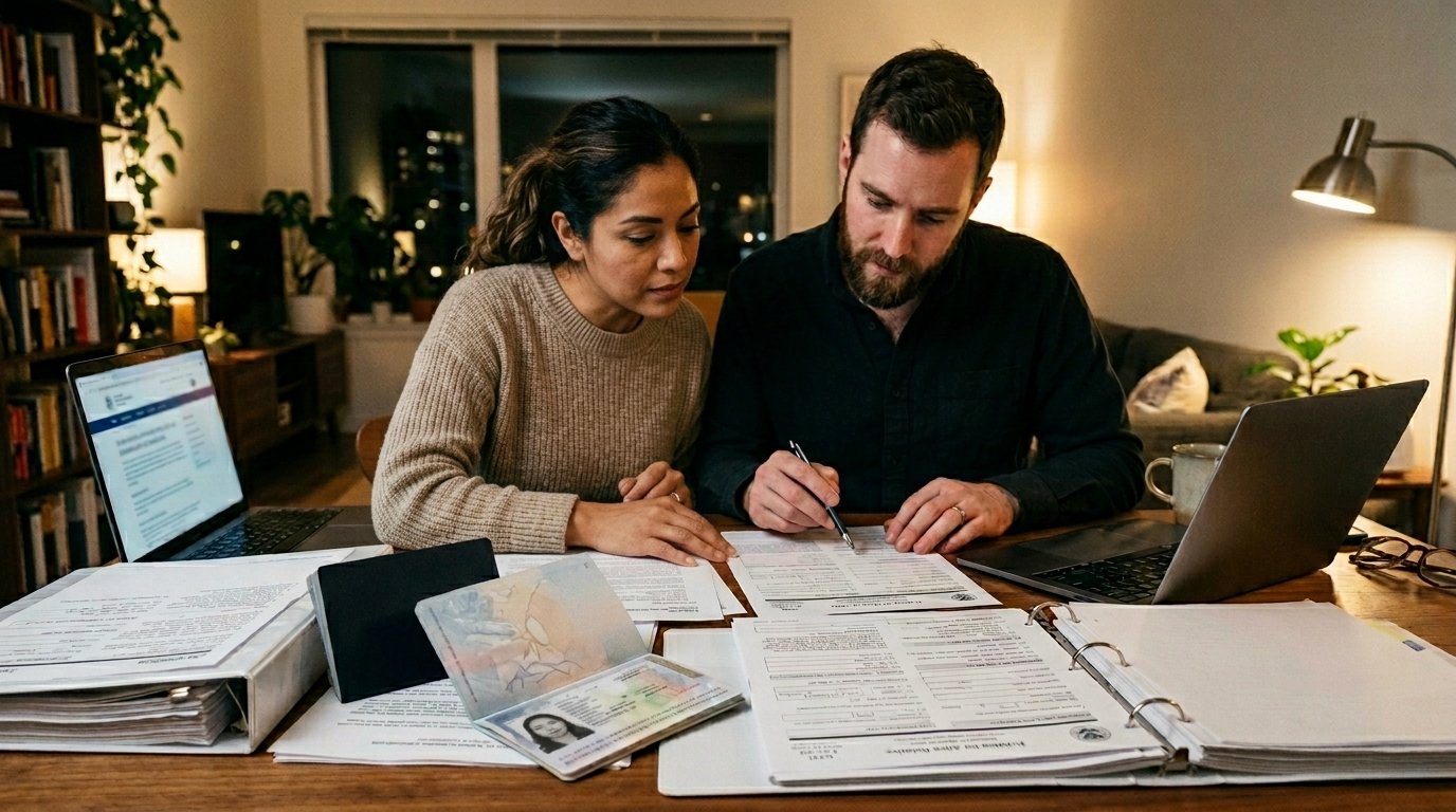pareja revisando documentos visa k1 prometido